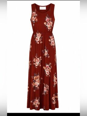 French Grey Sleeveless Maxi Dress in Wine with Pink & Cream Floral